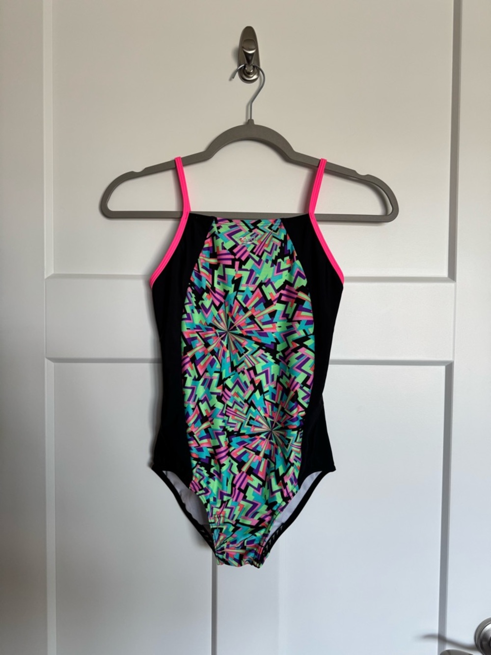Speedo Thin Strap One Piece Swimsuit Multi Geometric Print Pink Black Size L